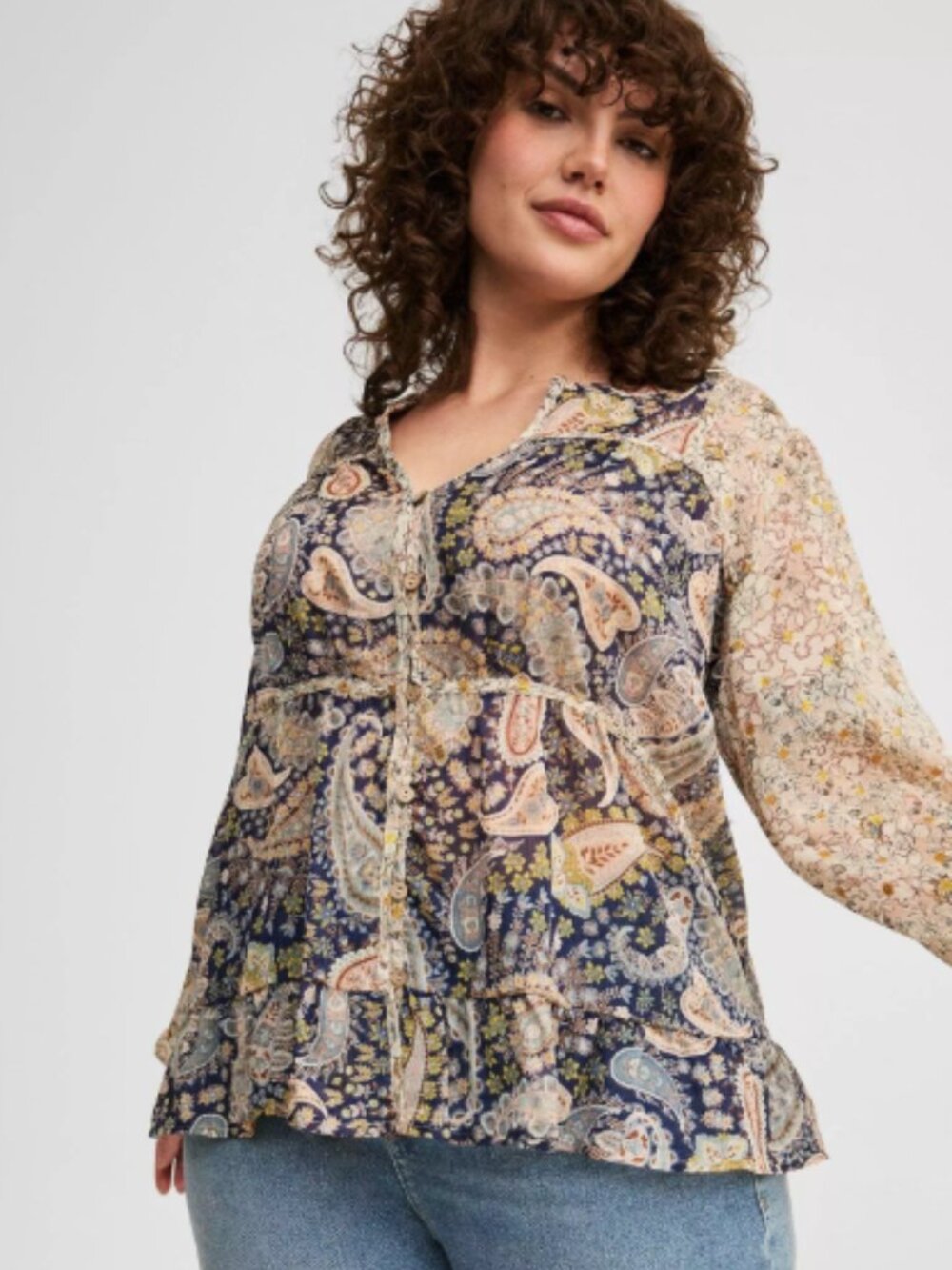Torrid Paisley Mixed Print Long Sleeve Blouse Lightweight Chiffon Semi Sheer 2X